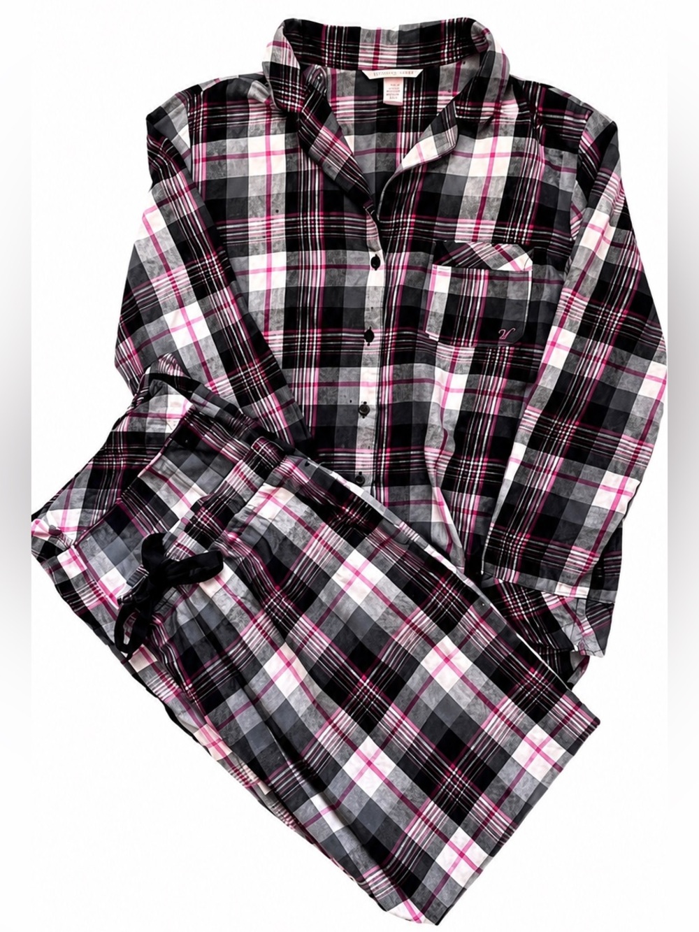 Victoria's Secret The Flannel Long Pajama Set Plaid Pink Black White Small